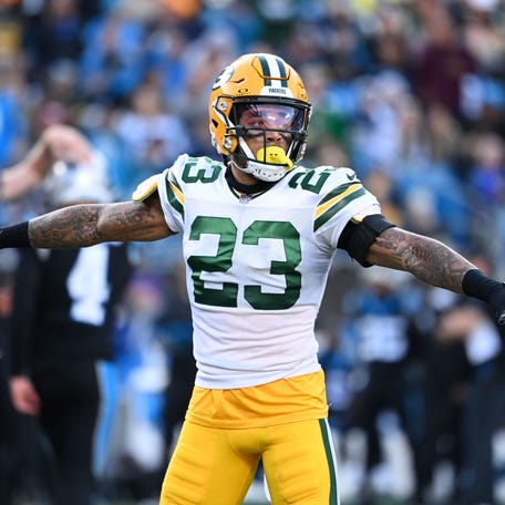 Green Bay Packers cornerback Jaire Alexander (23) reacts in the fourth quarter at Bank of America Stadium.