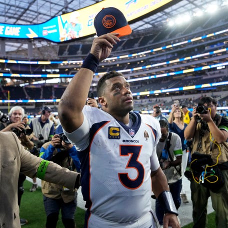 Denver Broncos quarterback Russell Wilson (3) acknowledges the fans as he leaves the field after the team's NFL football game against the Los Angeles Chargers Sunday, Dec. 10, 2023, in Inglewood, Calif.