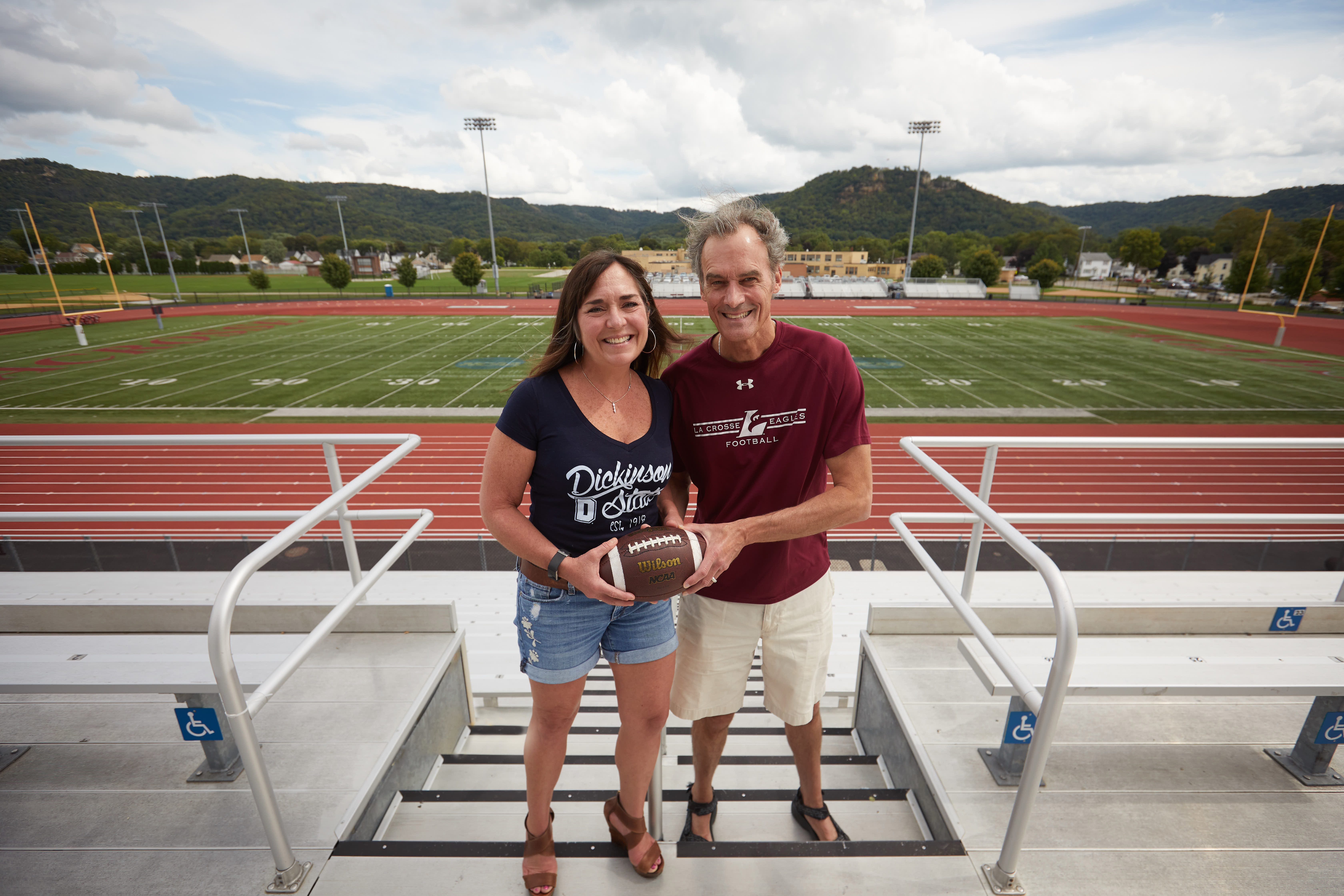 Former Dickinson State vice president Carmen Wilson and UW-La Crosse Chancellor Joe Gow posed for a rivalry photo when the football teams of their respective schools played in 2018. Gow has been fired for appearing in porn videos with Wilson.