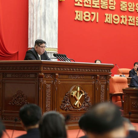 In this photo provided by the North Korean government, North Korean leader Kim Jong Un delivers a speech during a year-end plenary meeting of the ruling Workers' Party in Pyongyang, North Korea, Wednesday, Dec. 27, 2023.