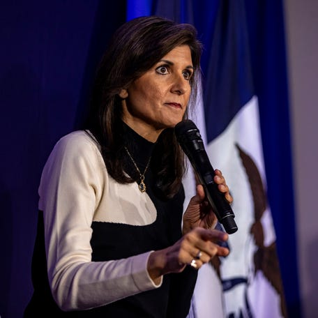 Republican presidential candidate former U.N. Ambassador Nikki Haley speaks during a campaign event at the Lawrence Community Center in Anamosa, Iowa, on Thursday, Dec. 21, 2023.
