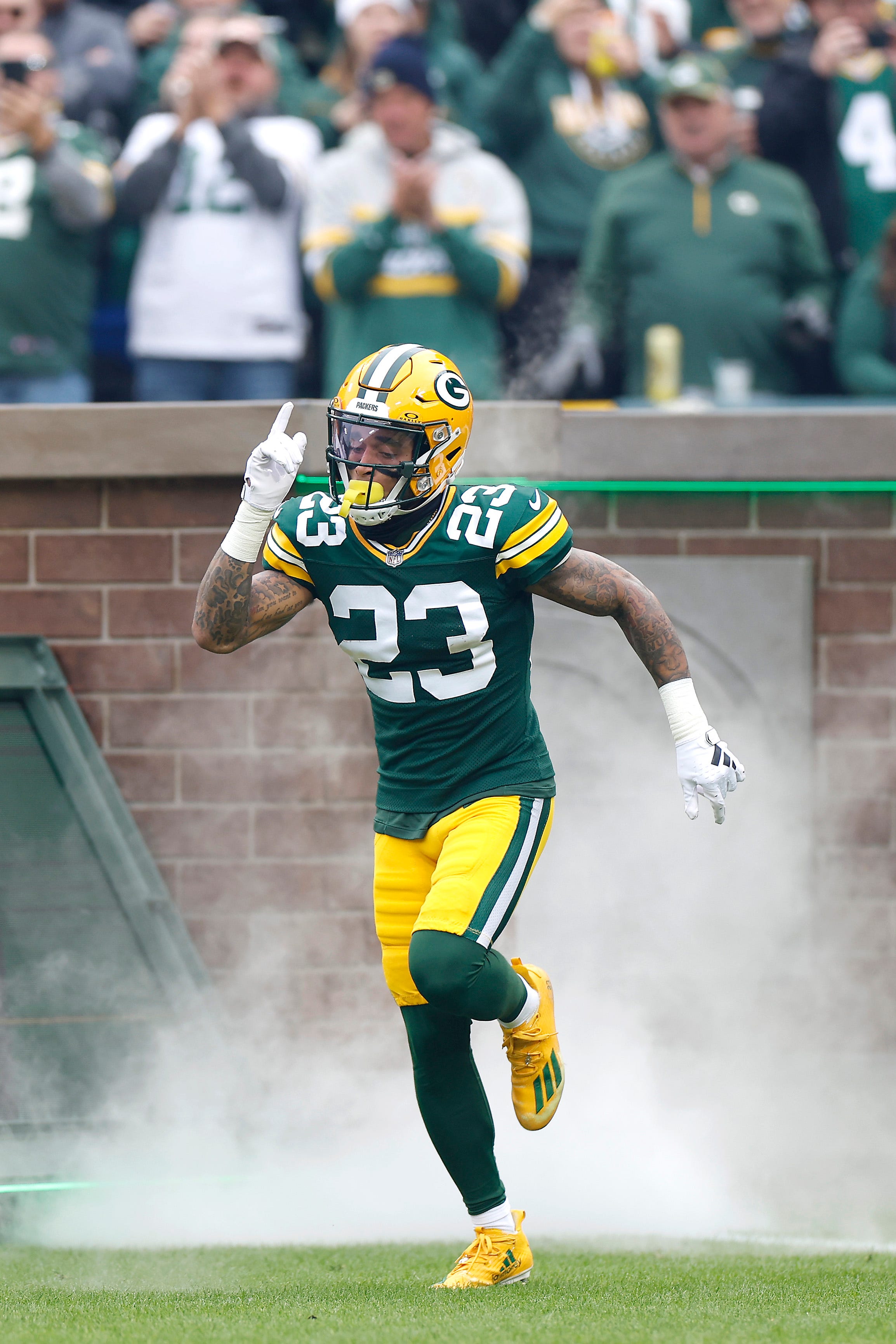 Green Bay Packers cornerback Jaire Alexander is introduced before a Nov. 5 game against the Los Angeles Rams at Lambeau Field.