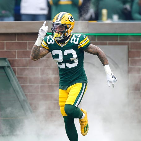 Green Bay Packers cornerback Jaire Alexander is introduced before a Nov. 5 game against the Los Angeles Rams at Lambeau Field.