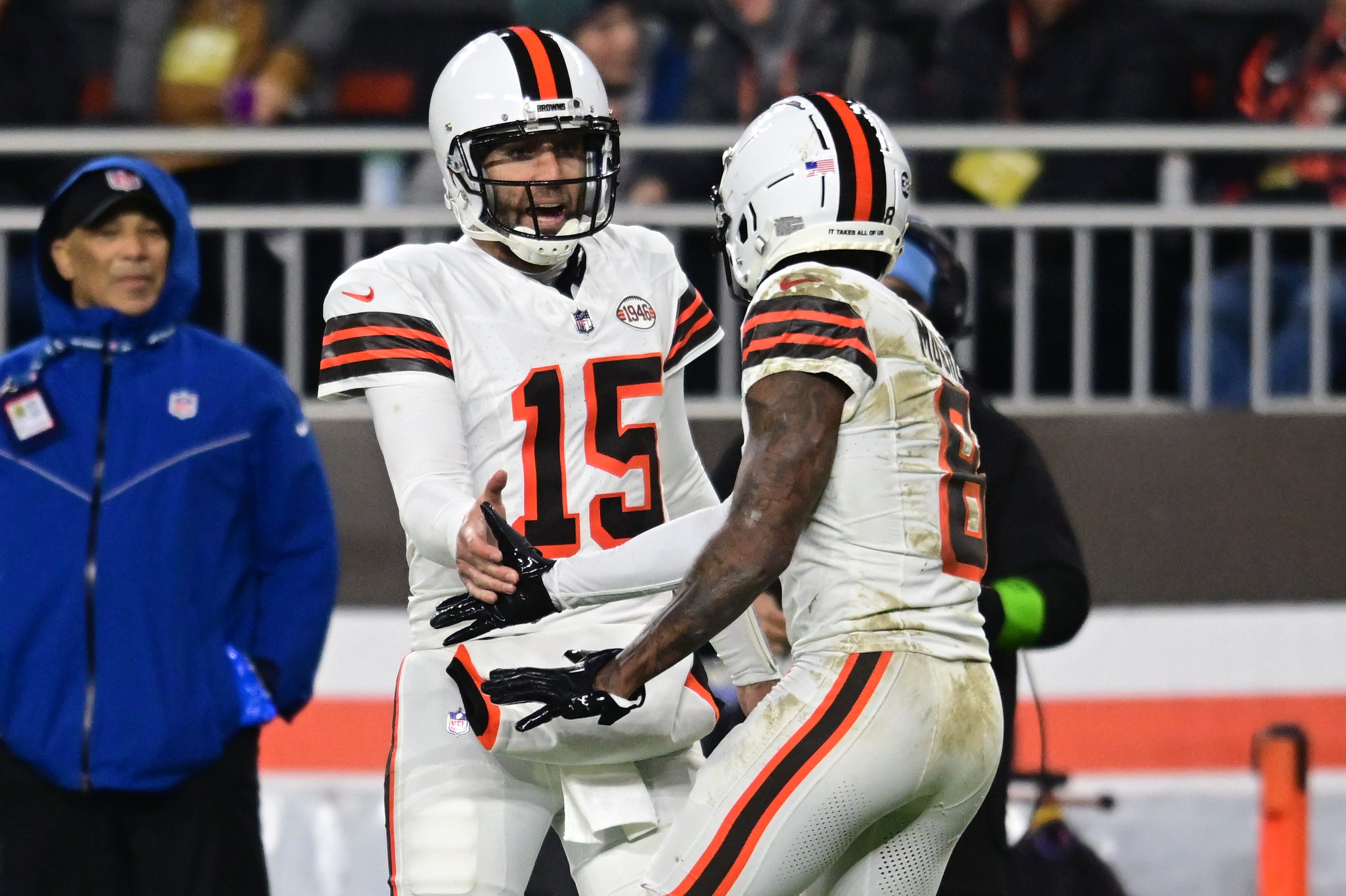 Dec 28, 2023; Cleveland, Ohio, USA; Cleveland Browns quarterback Joe Flacco (15) and wide receiver Elijah Moore (8) celebrate after a touchdown against the New York Jets during the first half at Cleveland Browns Stadium. Mandatory Credit: Ken Blaze-USA TODAY Sports