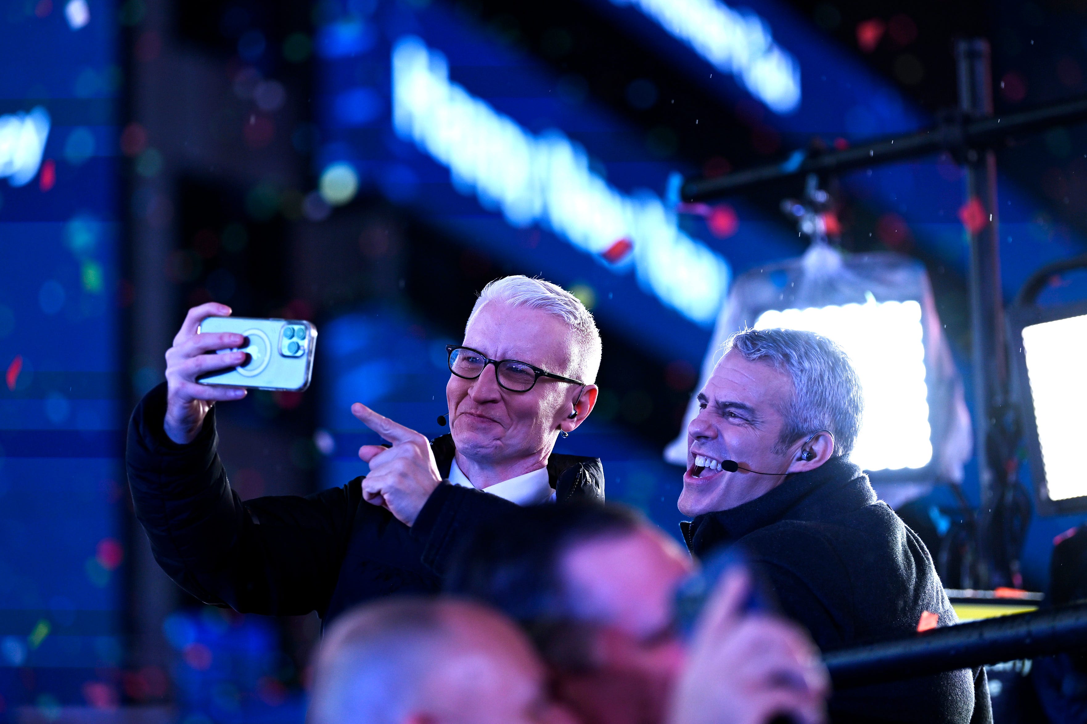 NEW YORK, NEW YORK - DECEMBER 31: Anderson Cooper and Andy Cohen pose for a selfie during the Times Square New Year's Eve 2023 Celebration on December 31, 2022 in New York City. (Photo by Roy Rochlin/Getty Images) ORG XMIT: 775912989 ORIG FILE ID: 1453557774