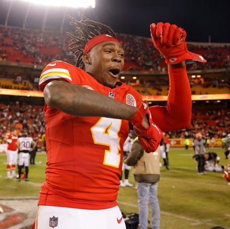 Rashee Rice #4 of the Kansas City Chiefs celebrates after the game against the Cincinnati Bengals at GEHA Field at Arrowhead Stadium on December 31, 2023 in Kansas City, Missouri.