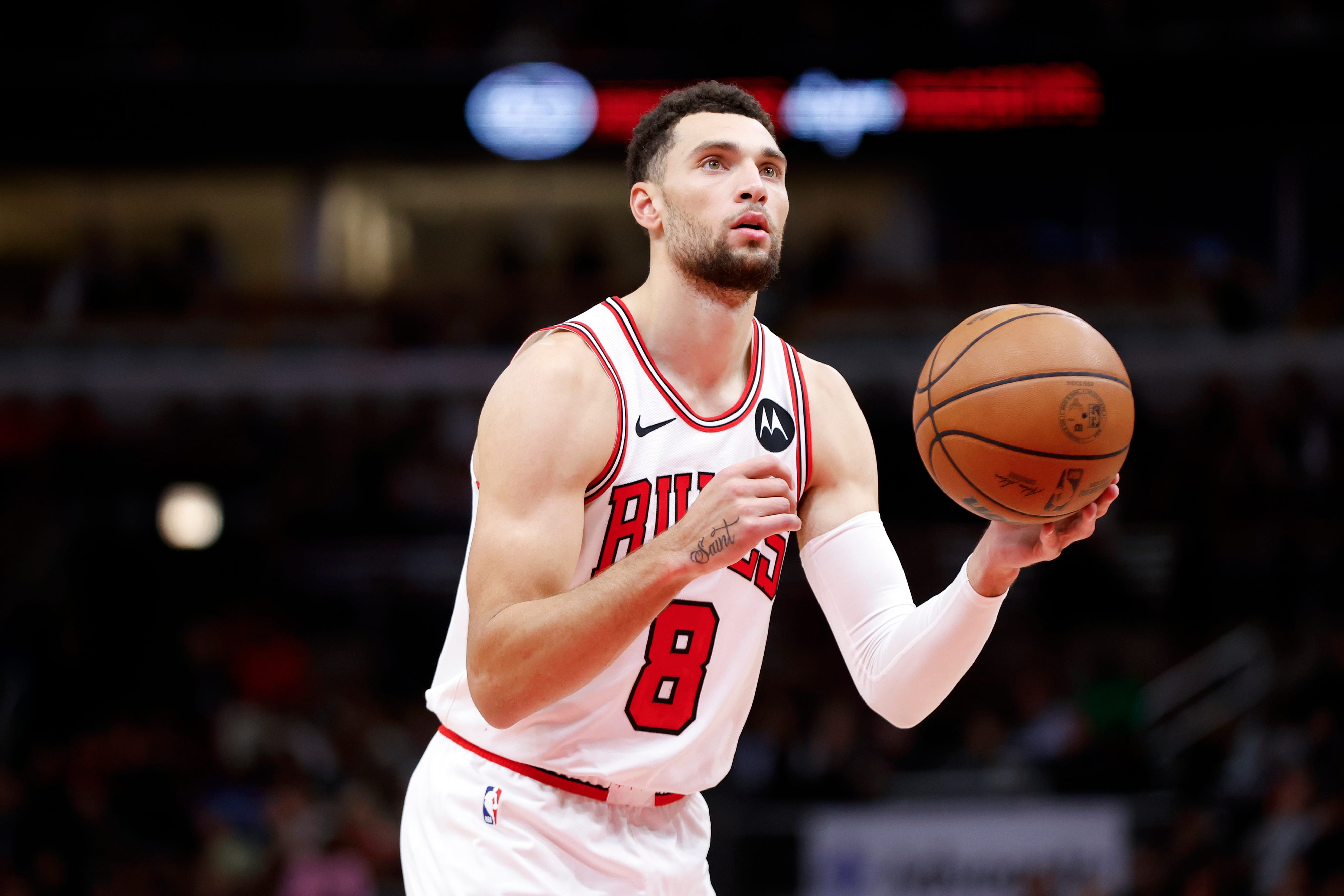 Chicago Bulls guard Zach LaVine shoots a free throw against the Utah Jazz during the second half at United Center.
