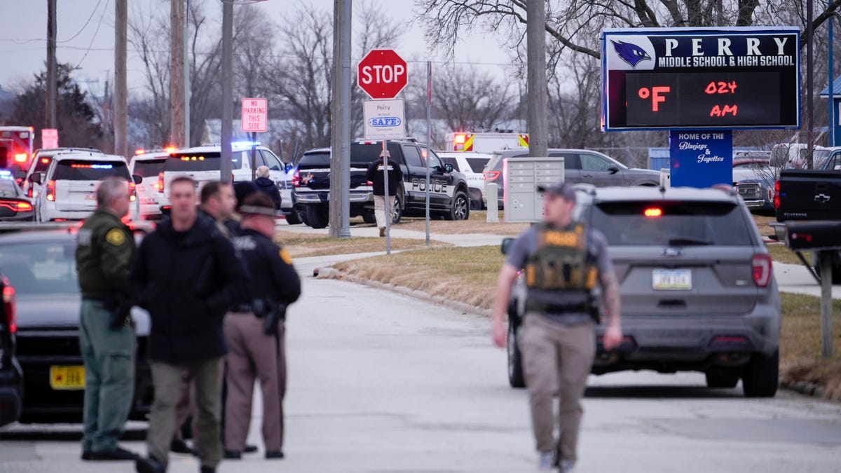 Police respond to Perry High School in Perry, Iowa., Thursday, Jan. 4, 2024. Police say there has been a shooting at the city's high school.