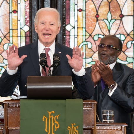 CHARLESTON, SOUTH CAROLINA - JANUARY 8: U.S. President Joe Biden speaks during a campaign event at Emanuel AME Church on January 8, 2024 in Charleston, South Carolina. The church was the site of a 2015 shooting massacre perpetrated by a white supremacist. (Photo by Sean Rayford/Getty Images)