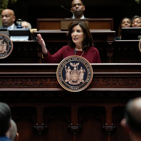 New York Gov. Kathy Hochul speaks during the State of the State address in Albany, N.Y., Tuesday, Jan. 9, 2024. (AP Photo/Seth Wenig)