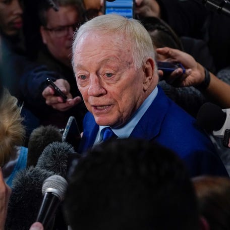 Dallas Cowboys owner Jerry Jones speaks to reporters following an NFL football game between the Cowboys and the Green Bay Packers, Sunday, Jan. 14, 2024, in Arlington, Texas.