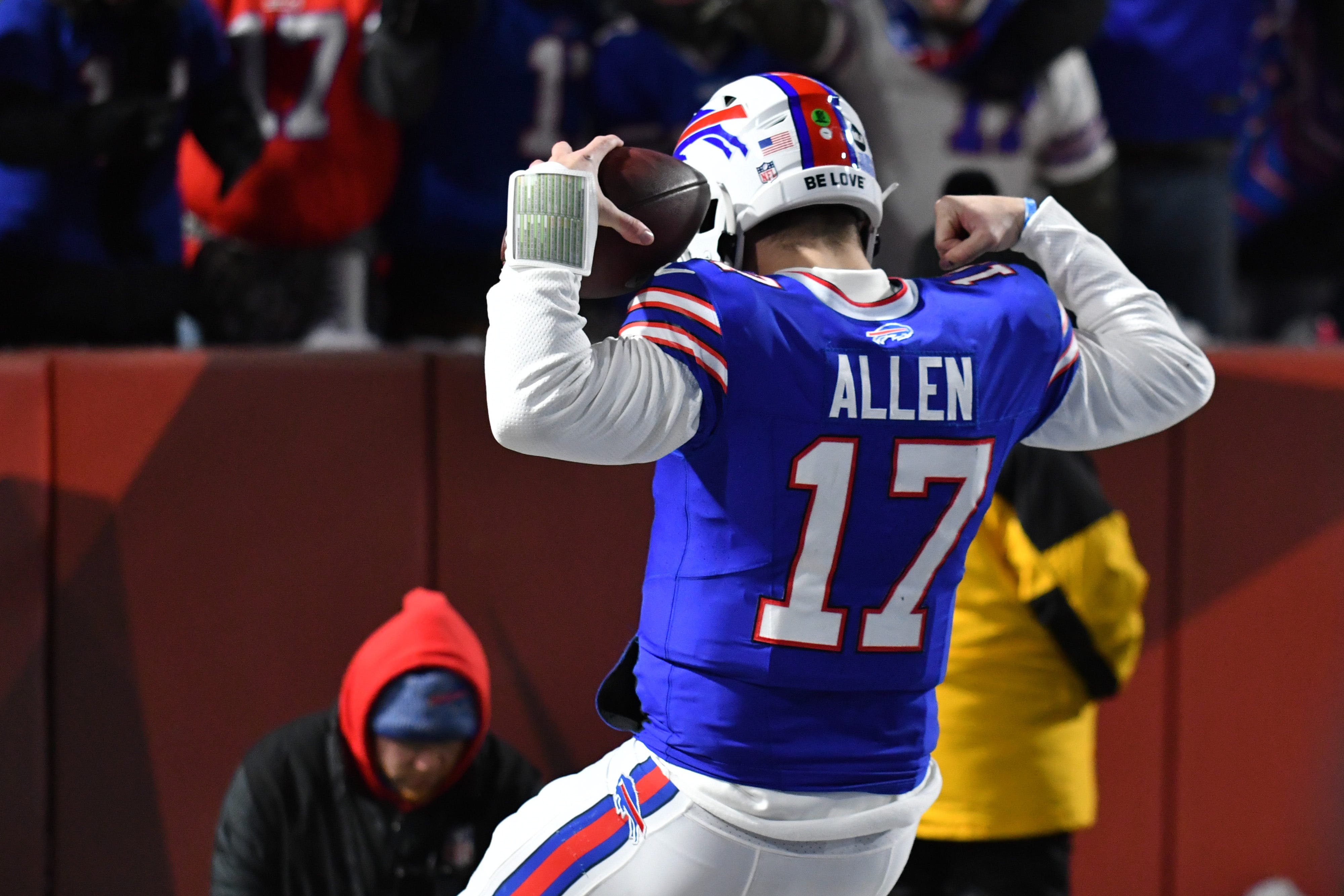 Buffalo Bills quarterback Josh Allen (17) celebrates a touchdown in the first half against the Pittsburgh Steelers.