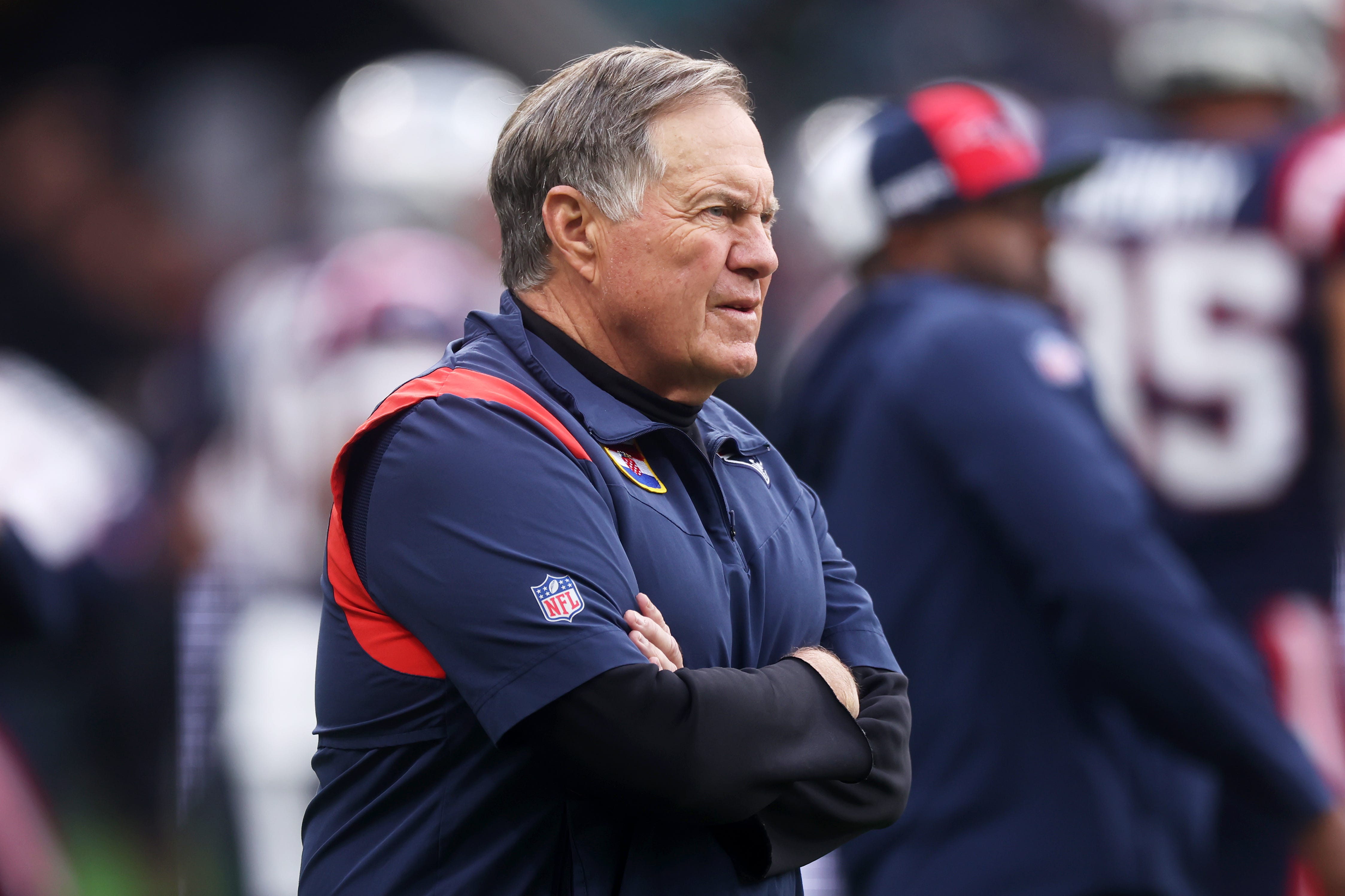 Bill Belichick, Head Coach of the New England Patriots, looks on during the NFL match between Indianapolis Colts and New England Patriots at Deutsche Bank Park on November 12, 2023 in Frankfurt am Main, Germany.