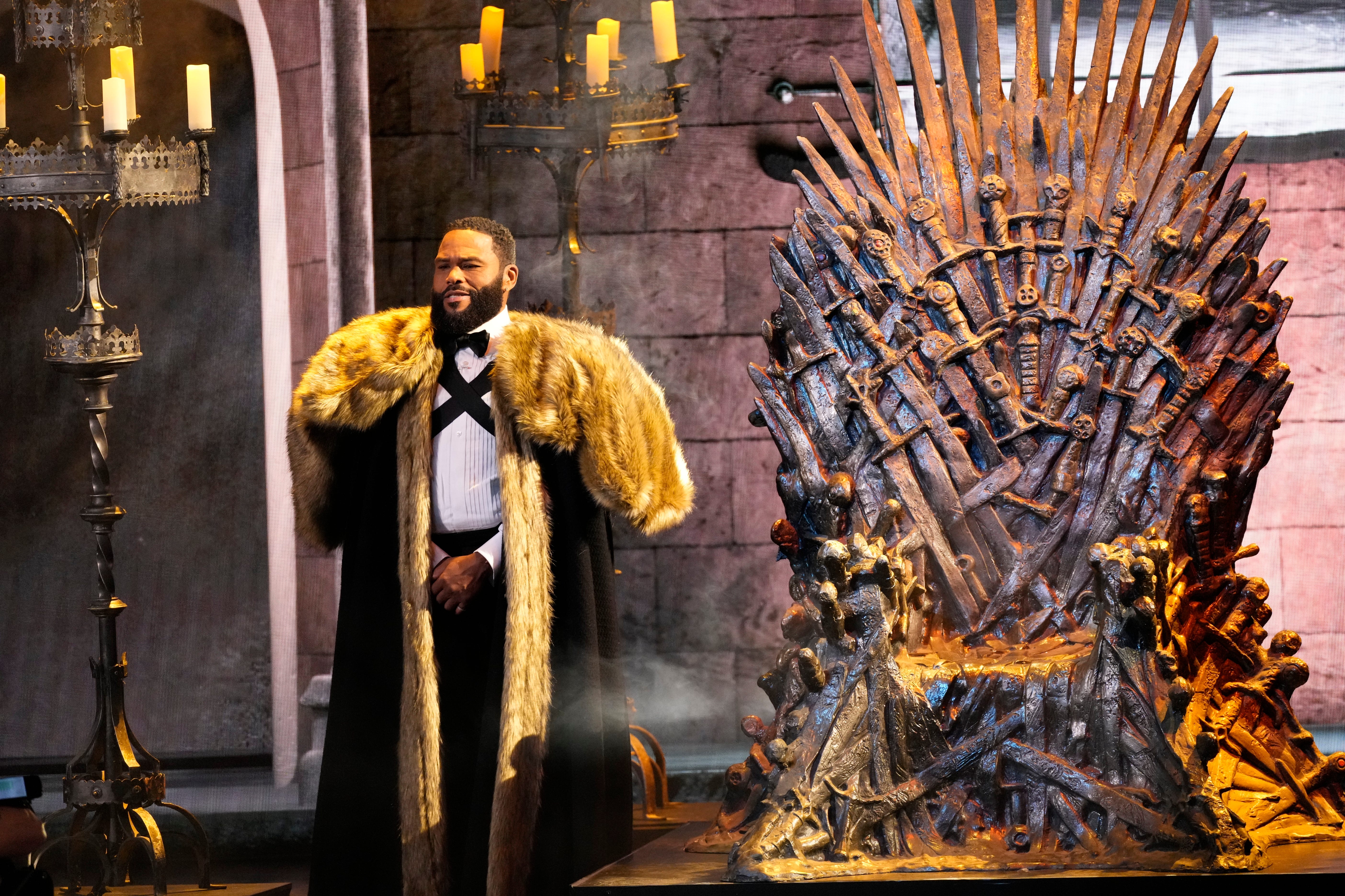 Jan 15, 2024; Los Angeles, CA, USA; Anthony Anderson introduces Peter Dinklage to present the award for best drama series during the 75th Emmy Awards at the Peacock Theater in Los Angeles on Monday, Jan. 15, 2024. Mandatory Credit: Robert Hanashiro-USA TODAY ORG XMIT: USAT-747124 (Via OlyDrop)