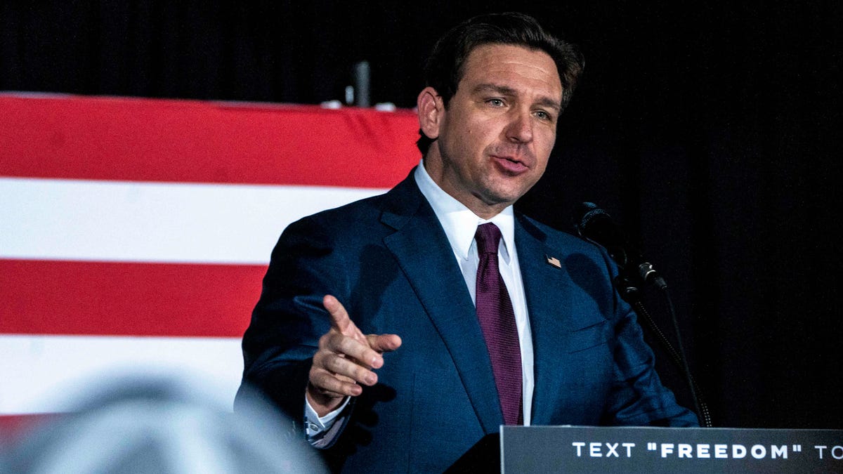 Jan 15, 2024; Des Moines, IA, USA- Florida Gov. Ron DeSantis speaks during his campaign watch party on Monday, Jan. 15, 2024, at the Sheraton Hotel in West Des Moines.