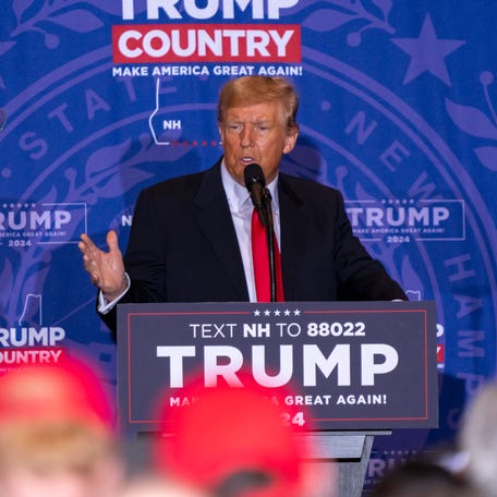Former president Donald J. Trump speaks at a campaign rally at Atkinson Country Club and Resort in Atkinson, N.H., on Tuesday, January 16, 2024.