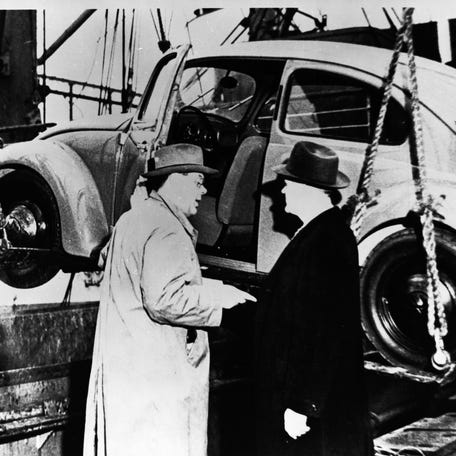 The first two US-bound Volkswagen Beetles arrived in New York by freighter Jan. 17, 1949.