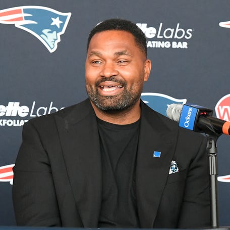 New England Patriots head coach Jerod Mayo addresses media at a press conference announcing his hiring.