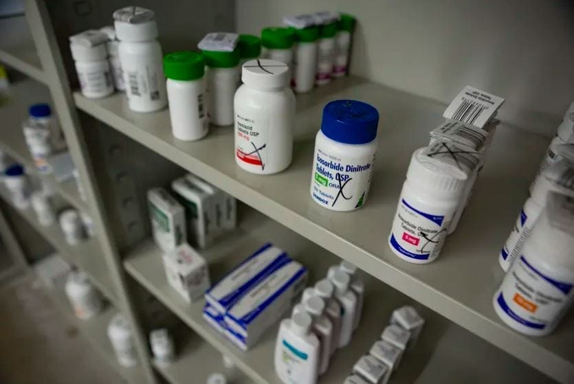 Prescription drugs on shelves at ScriptCo on Apr. 13, 2022.