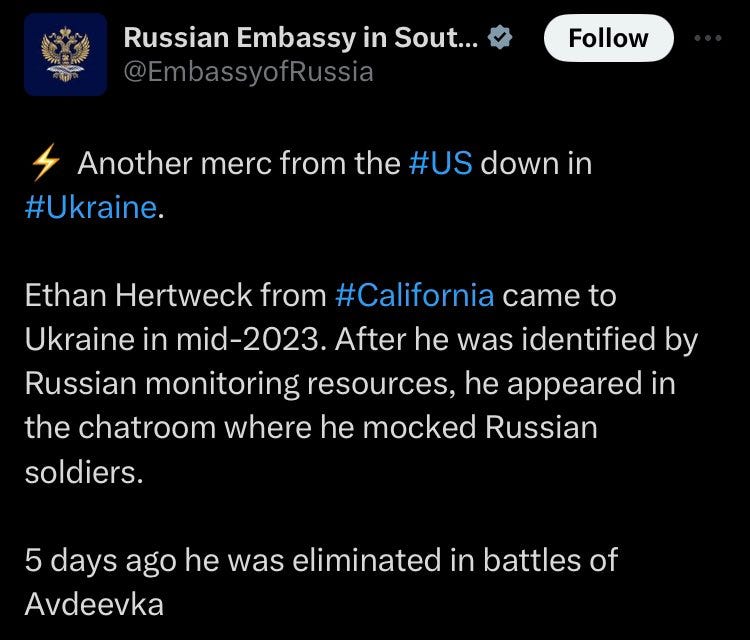 The Russian Embassy in South Africa was one of many social media accounts that appeared happy that Springfield and Marine veteran Ethan Hertweck was killed fighting for Ukraine.