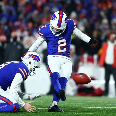 Bills kicker Tyler Bass (2) follows through on a 44-yard field goal attempt that would have tied the game against the Chiefs during the fourth quarter of their AFC divisional round game at Highmark Stadium in Orchard Park, N.Y., on Jan 21, 2024.