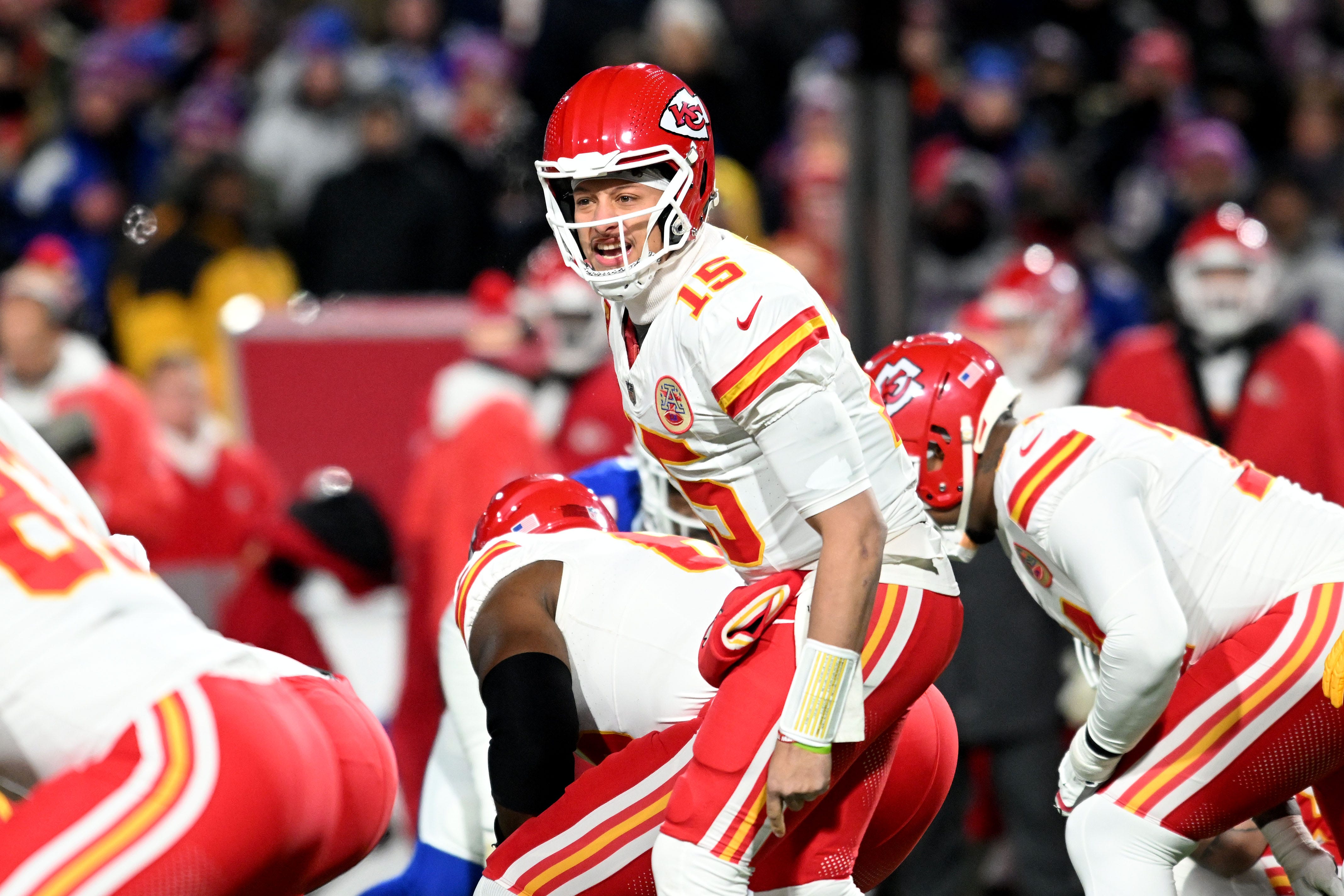Jan 21, 2024; Orchard Park, New York, USA; Kansas City Chiefs quarterback Patrick Mahomes (15) reacts in the first half against the Buffalo Bills for the 2024 AFC divisional round game at Highmark Stadium. Mandatory Credit: Mark Konezny-USA TODAY Sports ORG XMIT: IMAGN-747434 ORIG FILE ID: 20240121_mcd_bk3_198.JPG