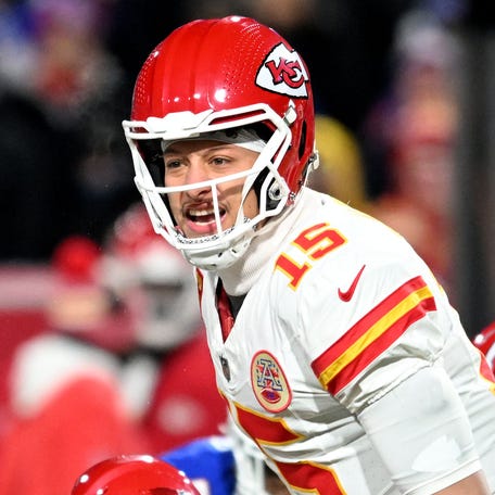 Jan 21, 2024; Orchard Park, New York, USA; Kansas City Chiefs quarterback Patrick Mahomes (15) reacts in the first half against the Buffalo Bills for the 2024 AFC divisional round game at Highmark Stadium. Mandatory Credit: Mark Konezny-USA TODAY Sports ORG XMIT: IMAGN-747434 ORIG FILE ID: 20240121_mcd_bk3_198.JPG