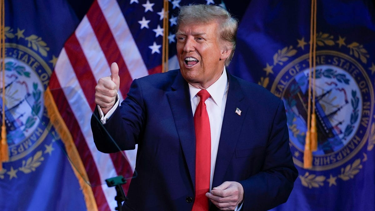 Republican presidential candidate former President Donald Trump gives a thumbs up after speaking at a campaign event in Rochester, N.H., Sunday, Jan. 21, 2024.