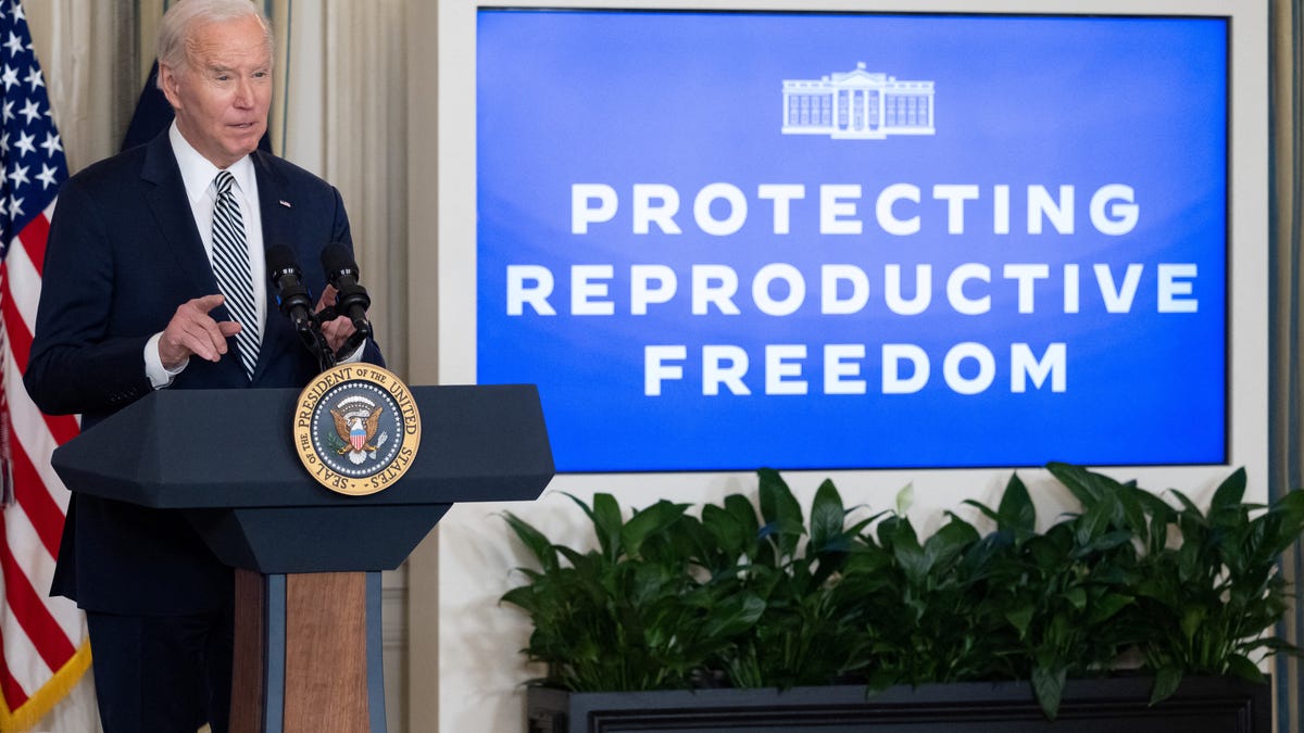 President Joe Biden speaks during a meeting of his Task Force on Reproductive Healthcare Access to mark the 51st anniversary of the landmark Roe v. Wade decision in Washington, DC, on January 22, 2024.