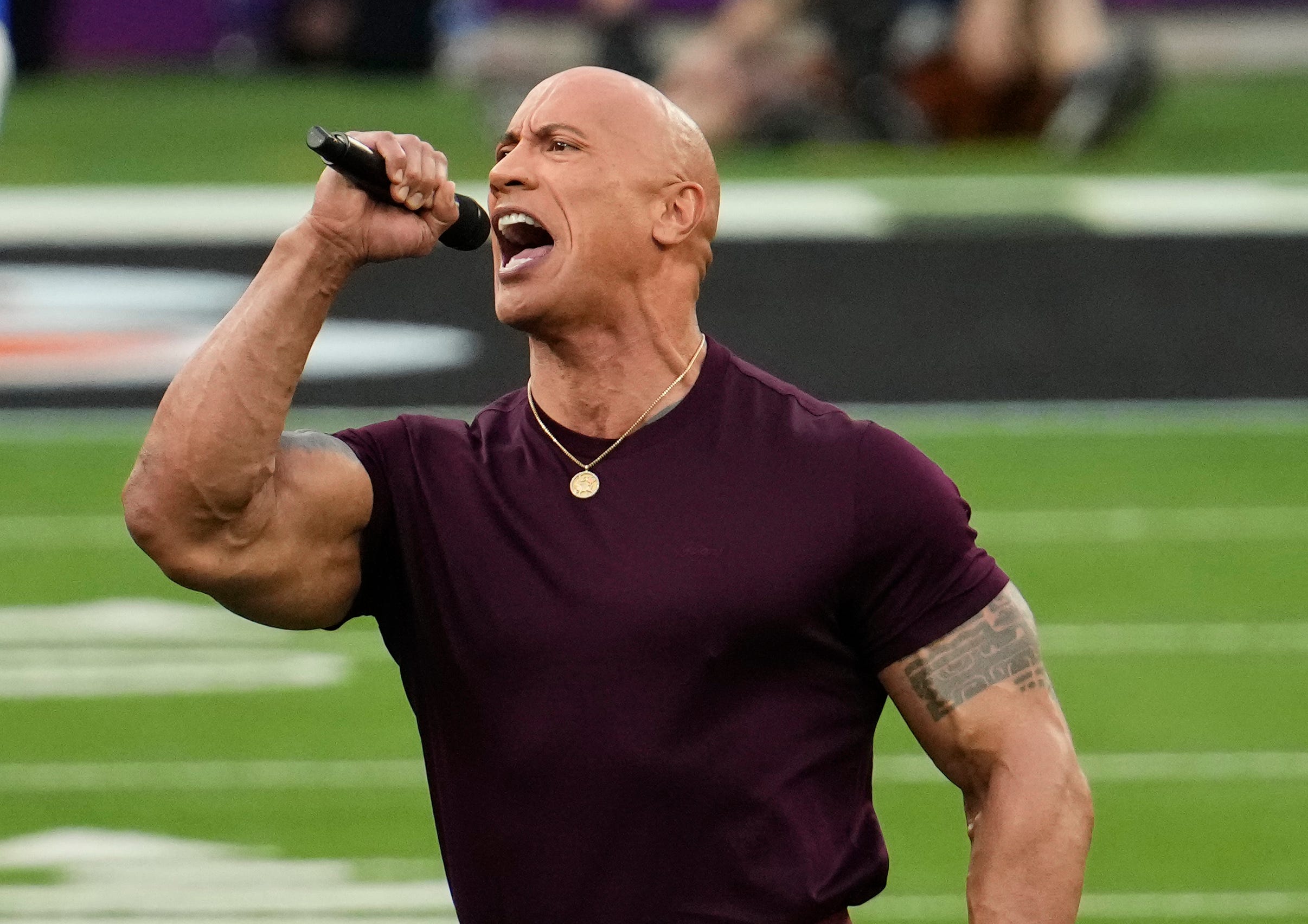 The Rock fires up the crowd before Super Bowl 56 between the Los Angeles Rams and the Cincinnati Bengals on Feb. 13, 2022..