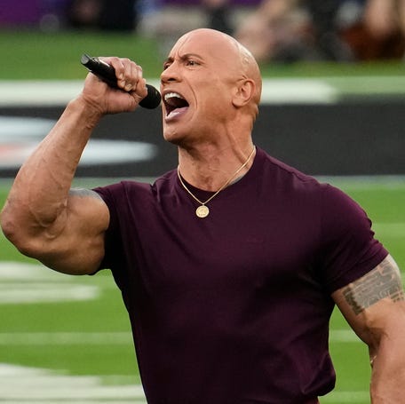 The Rock fires up the crowd before Super Bowl 56 between the Los Angeles Rams and the Cincinnati Bengals on Feb. 13, 2022..