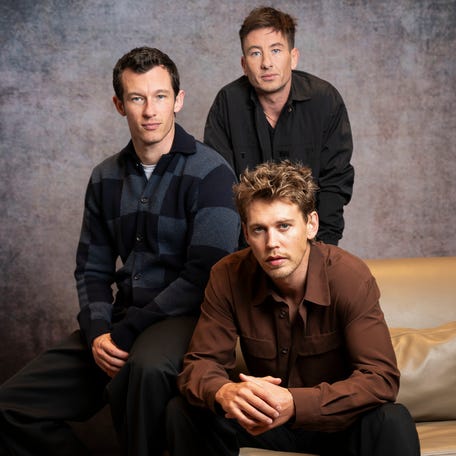 Callum Turner, Barry Keoghan and Austin Butler (L-R) star in the Apple TV+ series "Masters of the Air," about World War II fighter pilots, photographed at the Four Seasons Hotel Los Angeles at Beverly Hill on January 17, 2024.