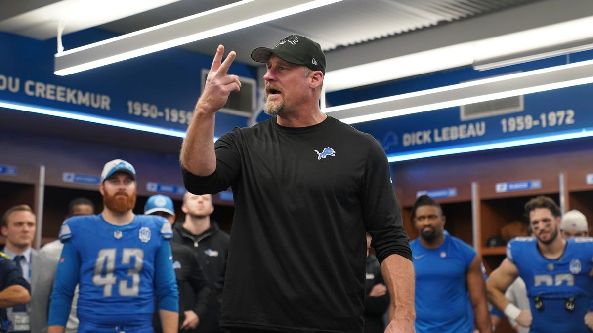 Detroit Lions Head Coach Dan Campbell speaks to the locker room after an NFC Divisional round football game against the Tampa Bay Buccaneers on January 21, 2024 in Detroit.