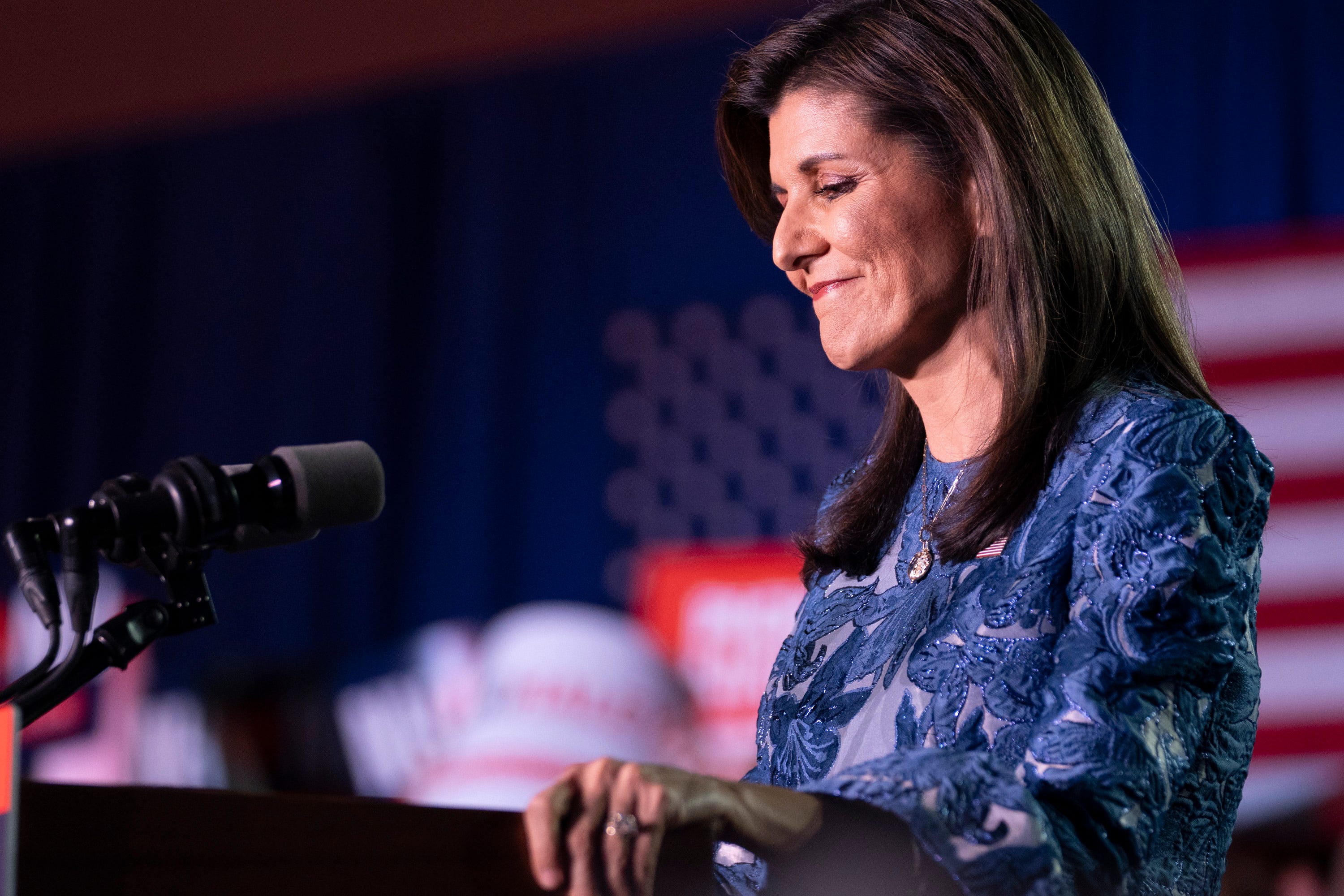 Republican presidential candidate Nikki Haley speaks at her New Hampshire presidential primary watch party at the Grappone Conference Center in Concord, NH, on Tuesday, January 23, 2024. Haley was unable to secure enough votes to take the stateÕs delegates from former President Donald J. Trump.