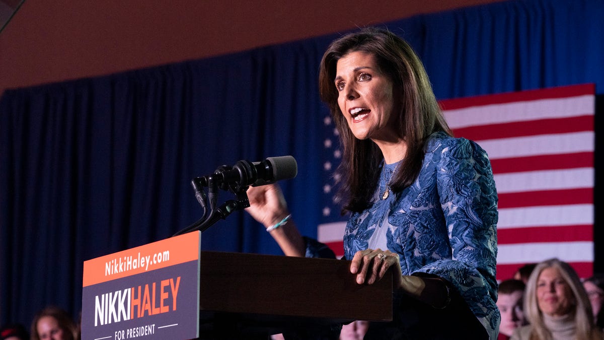 Republican presidential candidate Nikki Haley speaks at her New Hampshire presidential primary watch party at the Grappone Conference Center in Concord, NH, on Tuesday, January 23, 2024. Haley was unable to secure enough votes to take the stateÕs delegates from former President Donald J. Trump.