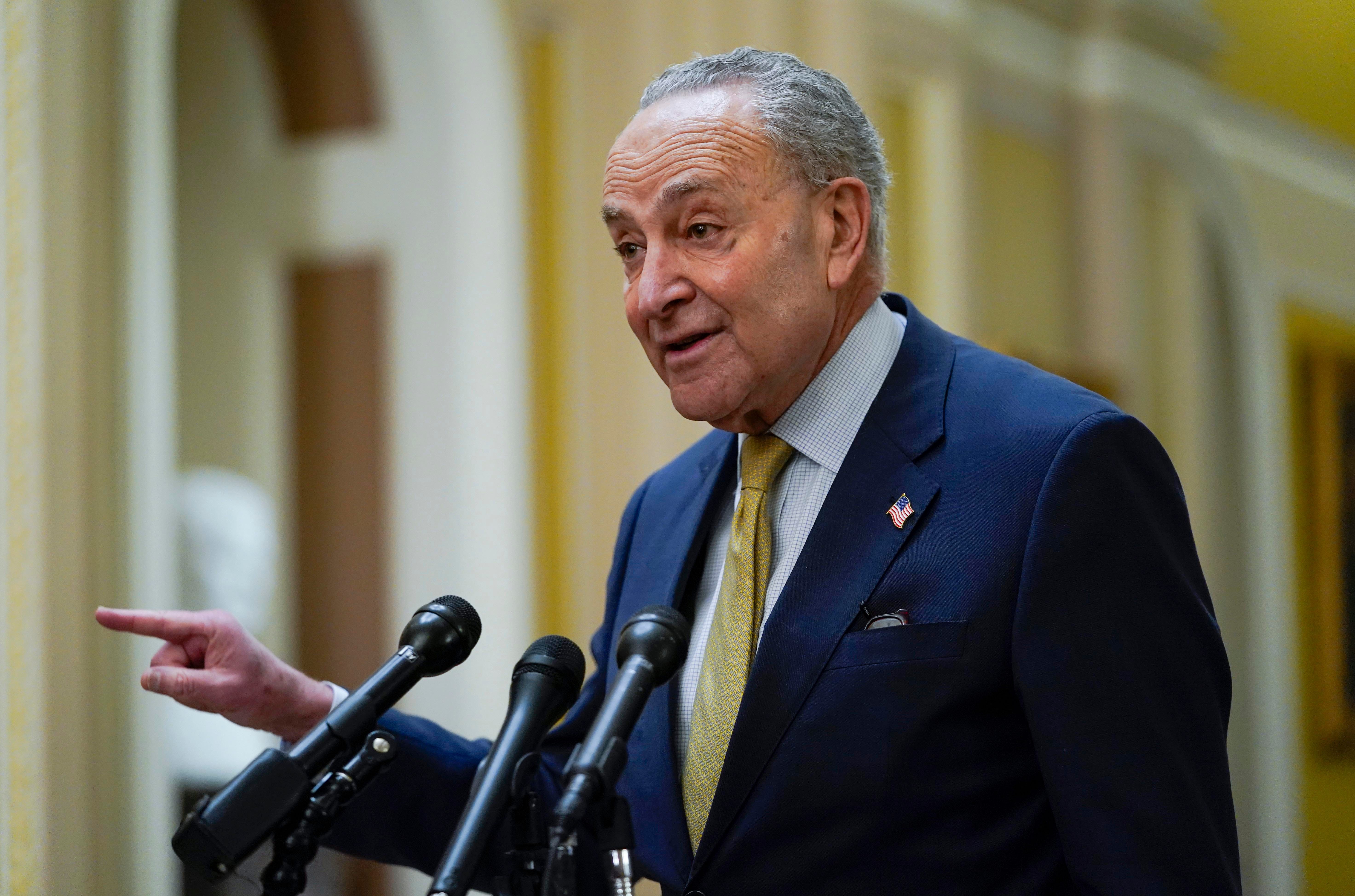 Senator Majority Leader Chuck Schumer (D-NY) speaks to reporters on Dec. 28, 2023, after meeting with Ukrainian President Volodymyr Zelenskyy in Washington, D.C.