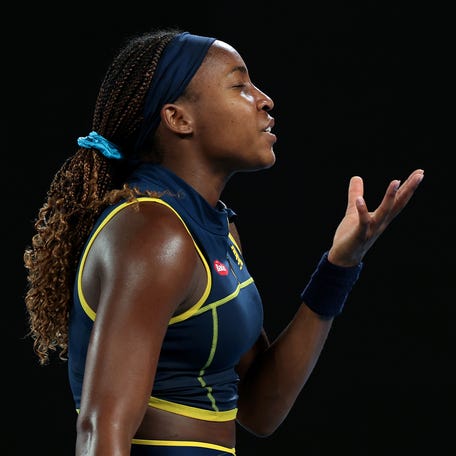 Coco Gauff of the United States reacts in their semifinal singles match against Aryna Sabalenka during the 2024 Australian Open at Melbourne Park on January 25, 2024 in Melbourne, Australia.