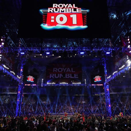 Wrestlers battle during the Royal Rumble match during the 2022 Royal Rumble at The Dome at America's Center.