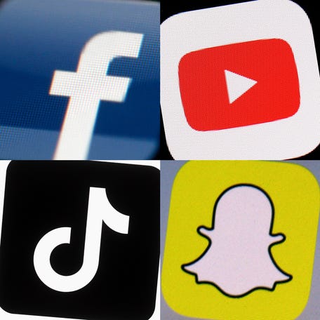 FILE - This combination of 2017-2022 photos shows the logos of Facebook, YouTube, TikTok and Snapchat on mobile devices. A trade group representing TikTok, Snapchat, Meta and other major tech companies sued Ohio on Friday, Jan. 5, 2024 over a pending law that requires children to get parental consent to use social media apps. (AP Photo/File) ORG XMIT: NYMV409