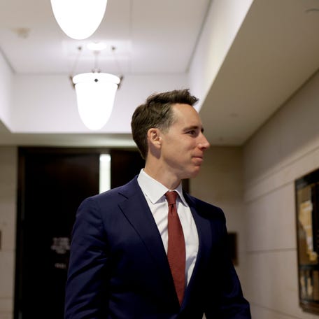 Sen. Josh Hawley, R-Mo., departs from an all-senators closed briefing where they heard from Ukrainian President Volodymyr Zelensky via video conference at the U.S. Capitol on December 05, 2023 in Washington, D.C.