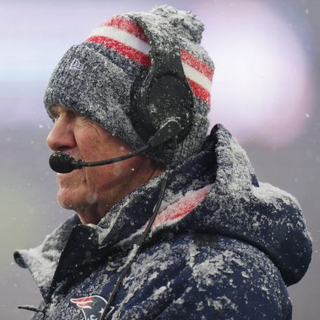 Jan 7, 2024; Foxborough, Massachusetts, USA; New England Patriots head coach Bill Belichick watches from the sideline as they take on the New York Jets at Gillette Stadium. Mandatory Credit: David Butler II-USA TODAY Sports