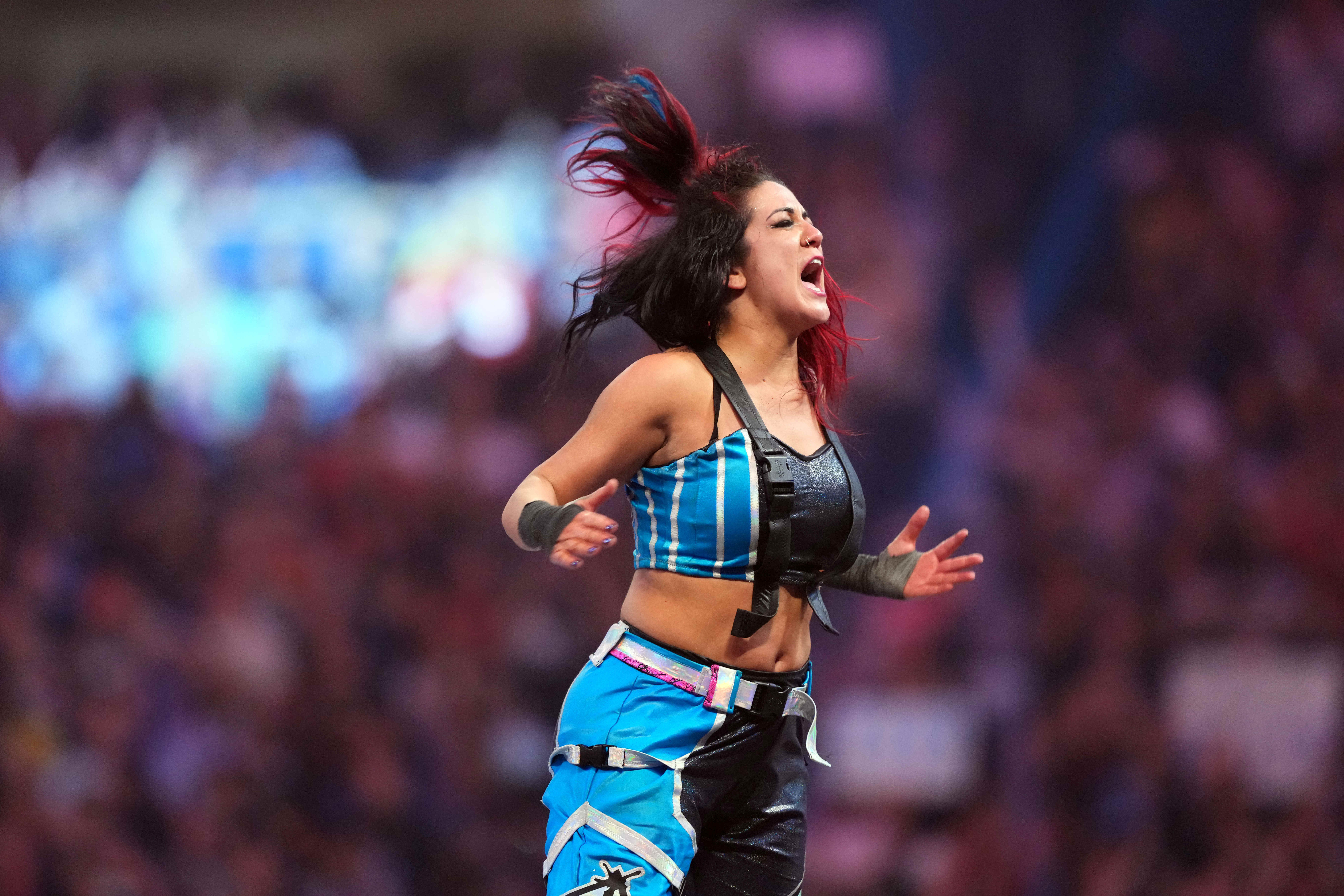 Bayley celebrates after winning the women's Royal Rumble match during the Royal Rumble at Tropicana Field.