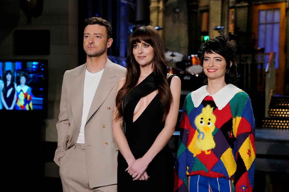 This week's "Saturday Night Live" features musical guest Justin Timberlake (from left), host Dakota Johnson and castmate Sarah Sherman.