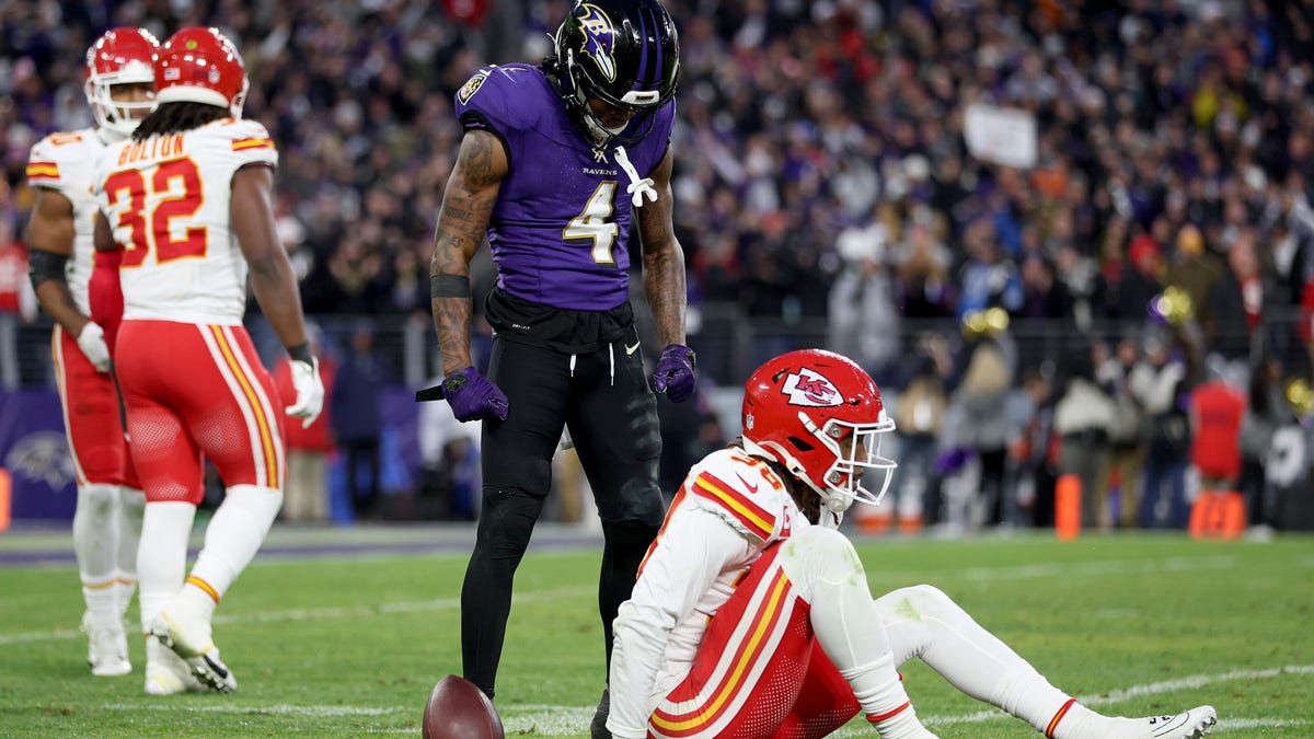 Zay Flowers #4 of the Baltimore Ravens is penalized for taunting L'Jarius Sneed #38 of the Kansas City Chiefs after a reception during the fourth quarter in the AFC Championship Game at M&T Bank Stadium on January 28, 2024 in Baltimore, Maryland.