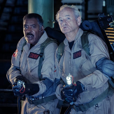 Winston (Ernie Hudson, left) and Peter (Bill Murray) are back in the old uniforms in "Ghostbusters: Frozen Empire."