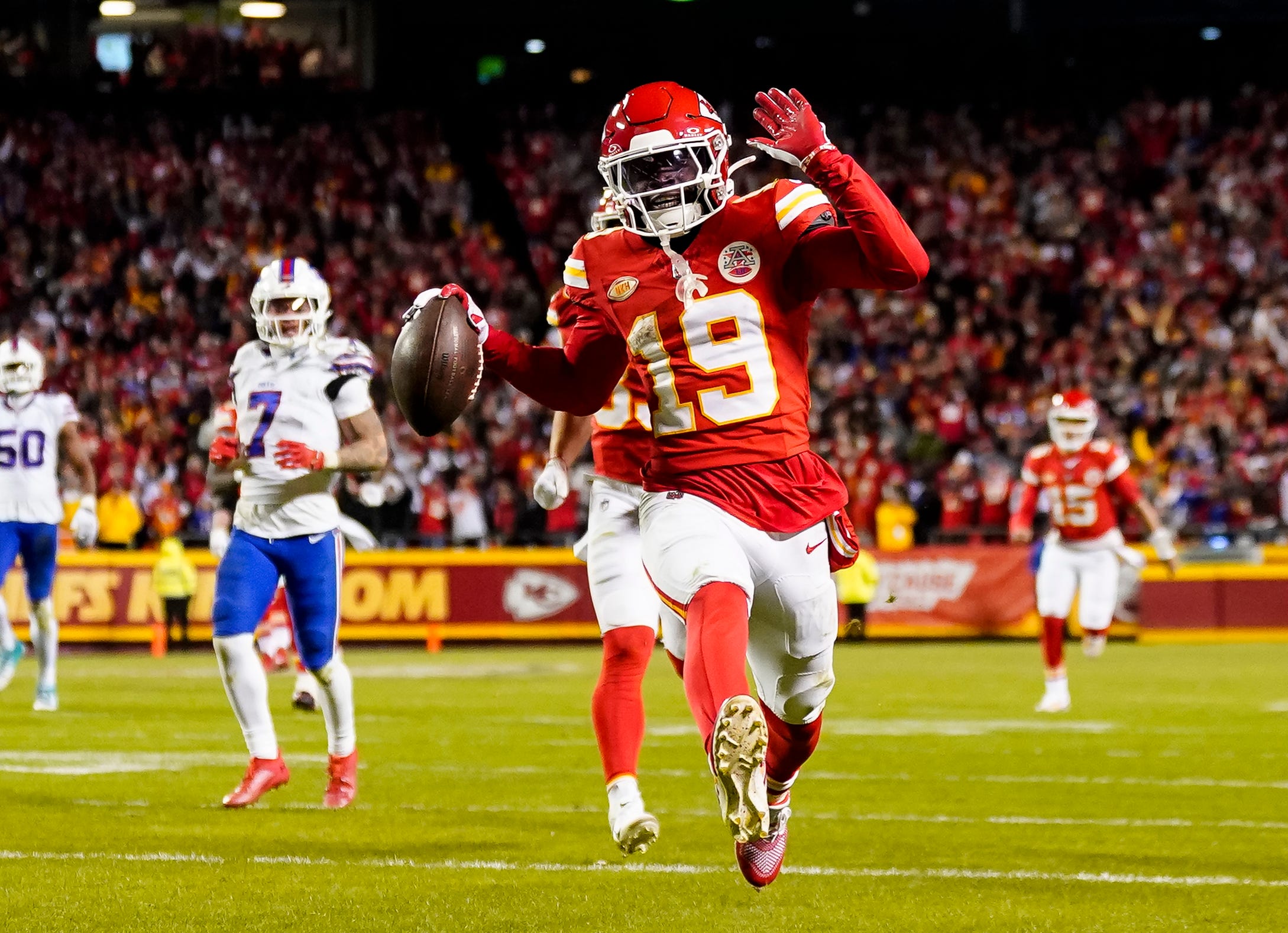 Chiefs wide receiver Kadarius Toney (19) scores a touchdown during the second half against the Bills at GEHA Field at Arrowhead Stadium in Kansas City, Missouri on Dec. 10, 2023. The play was called back due to an offensive penalty.