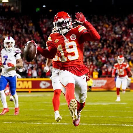Chiefs wide receiver Kadarius Toney (19) scores a touchdown during the second half against the Bills at GEHA Field at Arrowhead Stadium in Kansas City, Missouri on Dec. 10, 2023. The play was called back due to an offensive penalty.