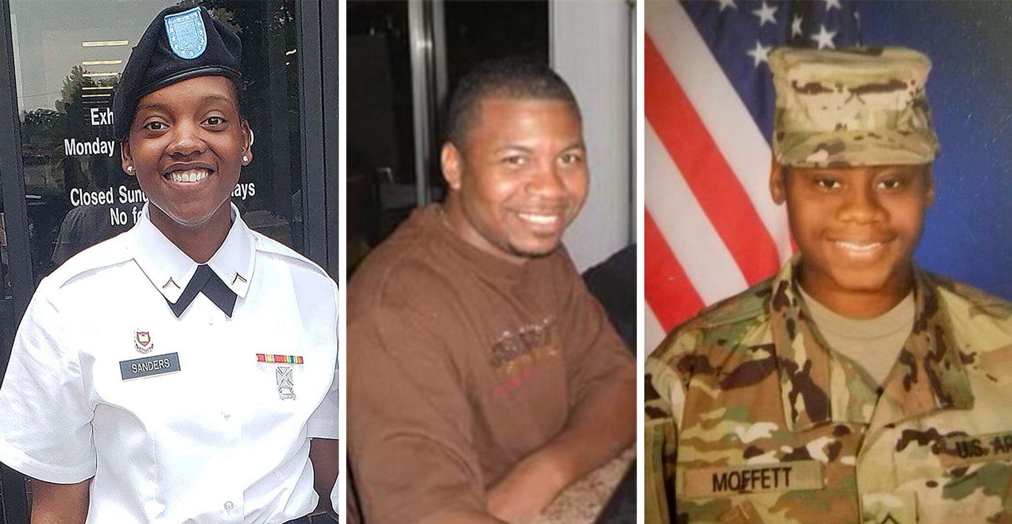This combination of photos provided by Shawn Sanders, left, and the U.S. Army, center and right, show from left to right, Spc. Kennedy Sanders, Sgt. William Jerome Rivers and Spc. Breonna Alexsondria Moffett. The three U.S. Army Reserve soldiers from Georgia were killed by a drone strike Sunday, Jan. 28, 2024, on their base in Jordan near the Syrian border.