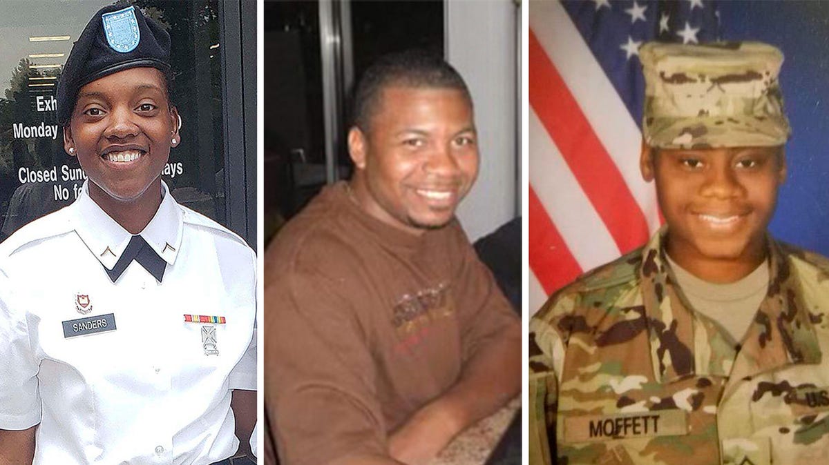 This combination of photos provided by Shawn Sanders, left, and the U.S. Army, center and right, show from left to right, Spc. Kennedy Sanders, Sgt. William Jerome Rivers and Spc. Breonna Alexsondria Moffett. The three U.S. Army Reserve soldiers from Georgia were killed by a drone strike Sunday, Jan. 28, 2024, on their base in Jordan near the Syrian border.