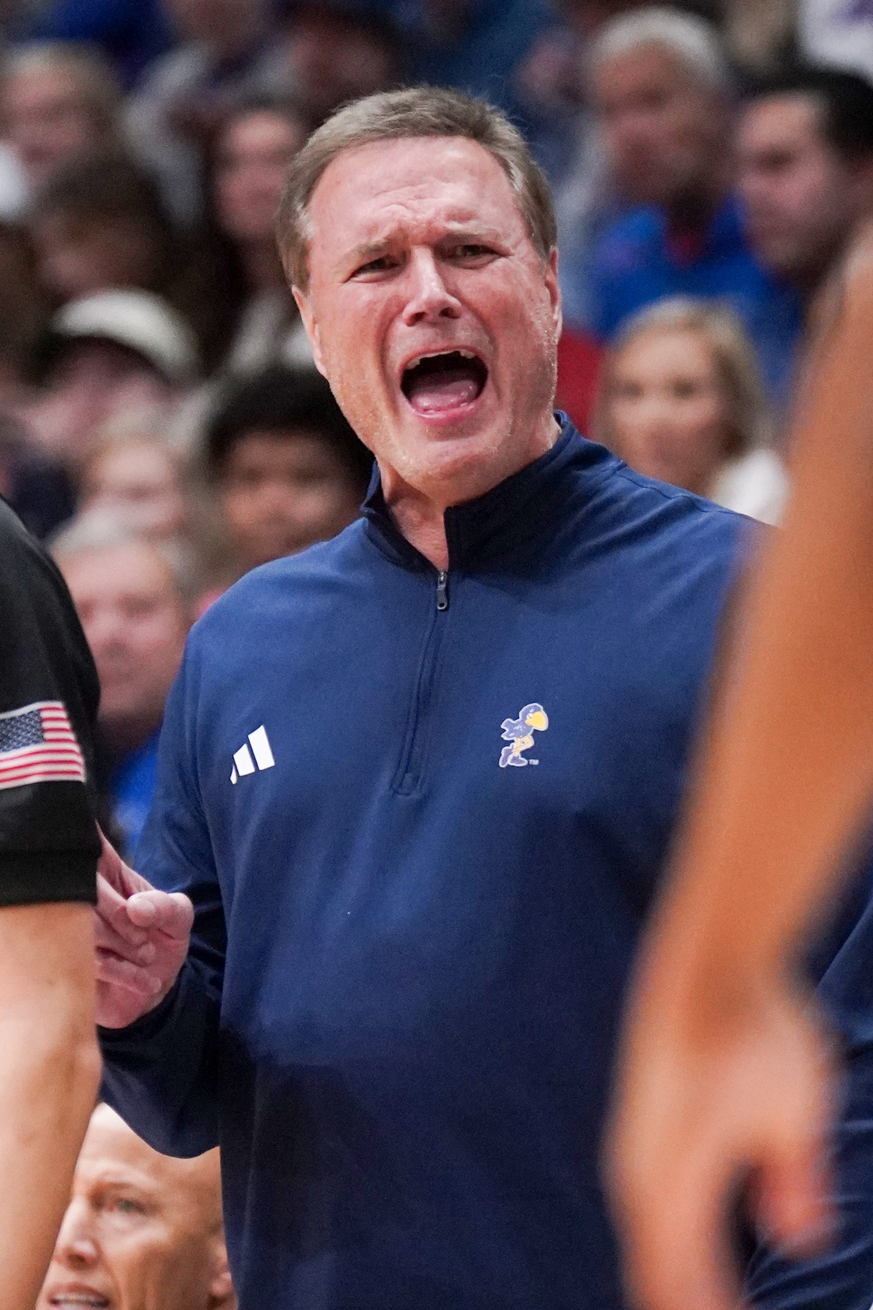 Jan 30, 2024; Lawrence, Kansas, USA; Kansas Jayhawks head coach Bill Self gestures to players against the Oklahoma State Cowboys during the first half at Allen Fieldhouse. Mandatory Credit: Denny Medley-USA TODAY Sports